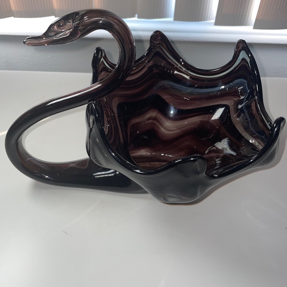 VTG Sooner Art Glass Swan Vase Bowl Hand Blown Deep purple Swirl 10"L × 8" × 4"
